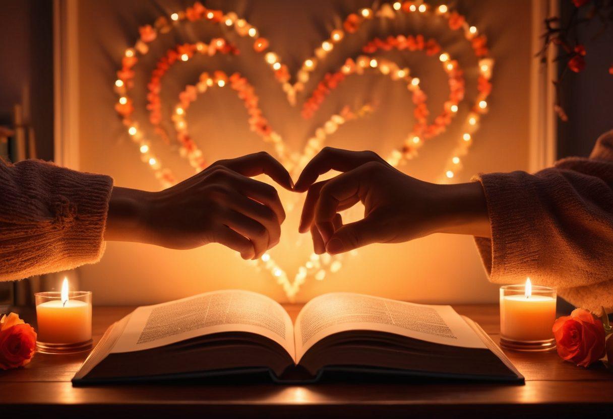 A cozy, intimate setting featuring a couple holding hands and sharing a loving gaze, surrounded by soft candlelight. Elements symbolizing sexual wellness such as heart shapes, flowers, and calming colors in the background to evoke warmth and trust. Include books on relationship advice gently placed beside them. The scene should radiate love and connection. super-realistic. warm colors. soft lighting.