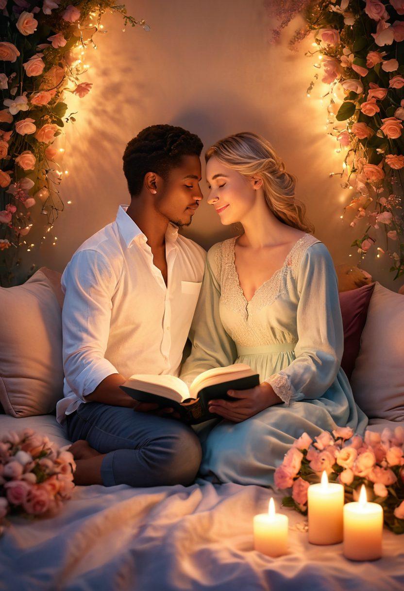 An enchanting scene depicting a diverse couple sitting together in a serene, romantic setting, surrounded by soft candlelight and blooming flowers, conveying warmth and intimacy. Include elements like open books, heart-shaped cushions, and gentle pastel colors, symbolizing connection and love. Infuse an air of tranquility and joy. super-realistic. vibrant colors. soft focus.