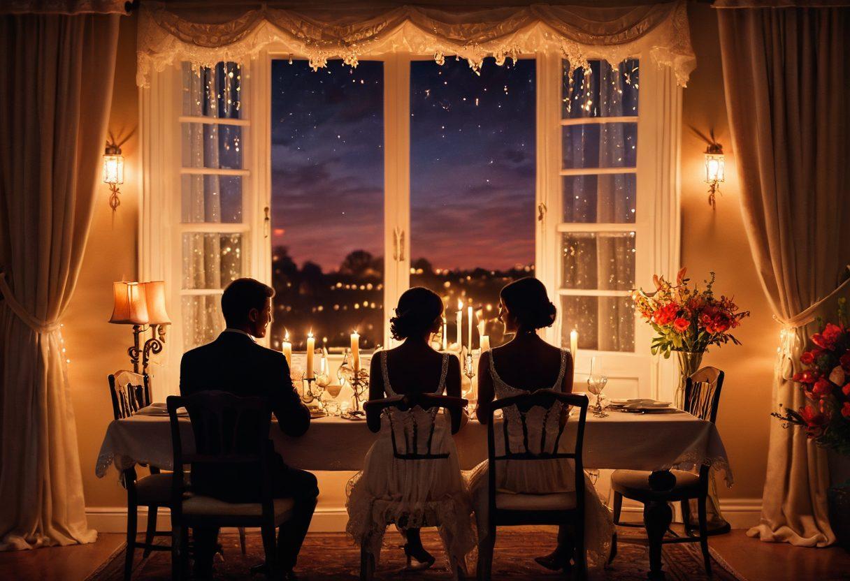 A cozy, candlelit room with two silhouettes sitting close together, sharing a heartfelt moment. Soft, warm colors in the background blend with delicate lace curtains and vibrant flower arrangements. Subtle sparkles around them create an ethereal atmosphere, emphasizing deep emotional connection. A blurred view of a romantic dinner table with soft candles adds to the mood. painting. warm tones. dreamy ambiance.